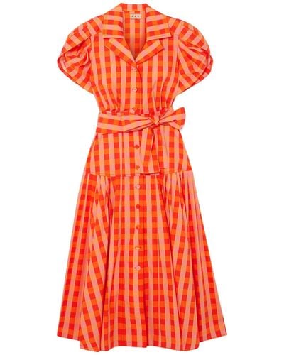 LHD Château Gingham Stretch-cotton Broadcloth Midi Dress - Orange