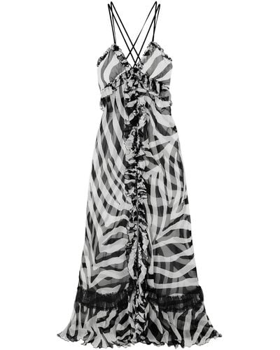 Redemption Ruffled Zebra-print Tulle-paneled Silk-chiffon Maxi Dress - White