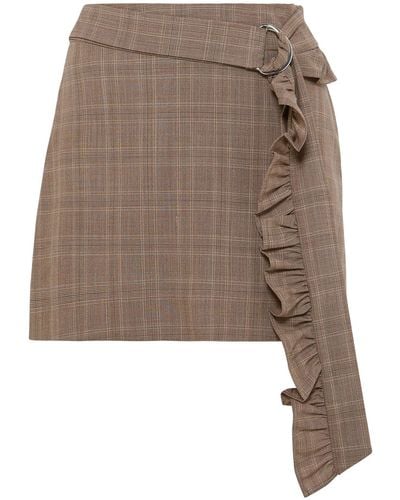 Maggie Marilyn Belted Ruffle-trimmed Checked Wool Mini Skirt - Brown