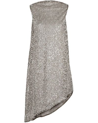 Halpern Draped Sequined Mesh Mini Dress - Gray