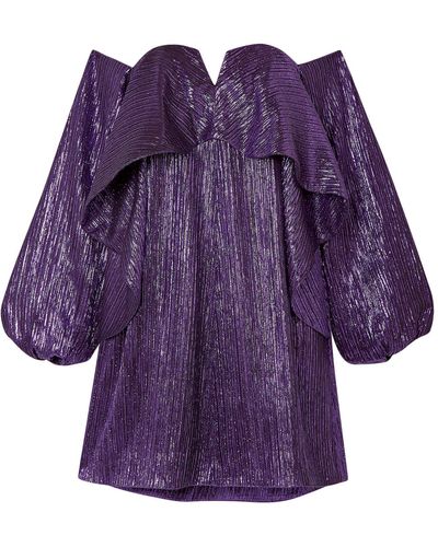 Halpern Off-the-shoulder Ruffled Lurex Mini Dress - Purple