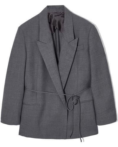 COS Belted Double-breasted Wool Blazer - Grey