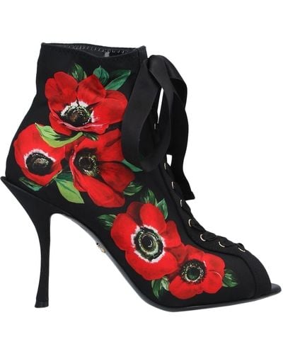 Dolce & Gabbana Black 90 Floral Print Lace-up Stretch Jersey Ankle Boots - Red