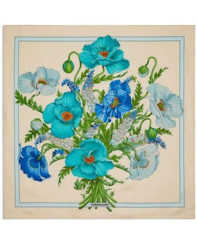 Ferragamo Seidenschal mit Blumen-Print - Blau