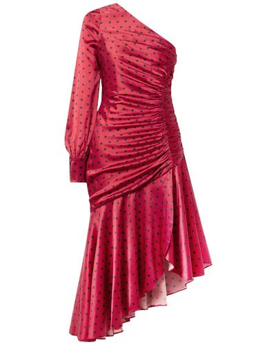 Haney Larsa Asymmetric One-sleeve Ruched Polka-dot Silk-blend Satin Dress - Red