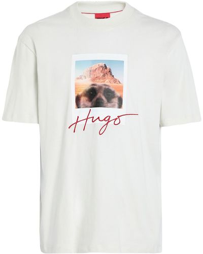 HUGO T-shirt in jersey di cotone con stampa con animale e logo - Bianco