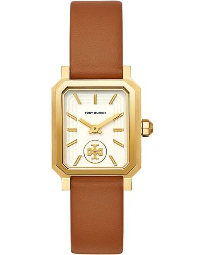 Tory Burch Robinson Goldtone Stainless Steel & Brown Leather Strap Watch - White