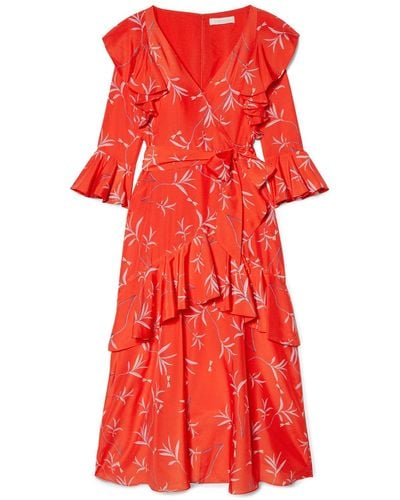 Borgo De Nor Aiana Ruffled Printed Crepe De Chine Midi Dress - Red