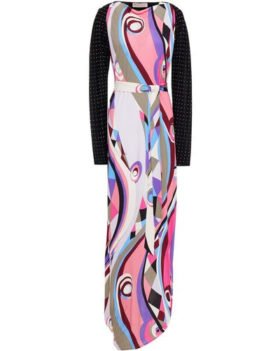 Emilio Pucci Belted Crystal-embellished Printed Satin-jersey Maxi Dress - Pink