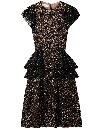 Michael Kors Ruffled Embellished Corded Lace Peplum Midi Dress - Black