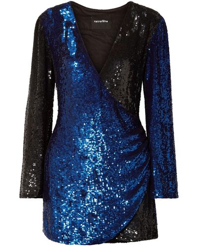retroféte Christine Wrap-effect Two-tone Sequined Satin Mini Dress - Blue