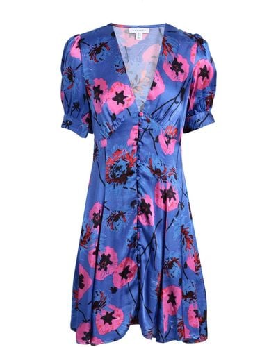 TOPSHOP Floral Print Puff Sleeve Minidress - Blue
