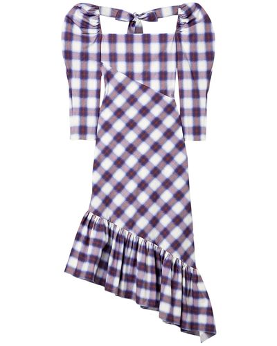 Pushbutton Asymmetric Ruffled Checked Cotton-poplin Midi Dress - Purple