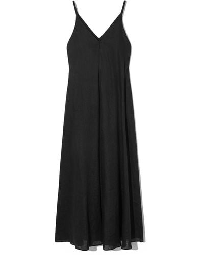 COS Pleated V-neck Linen Midi Dress - Black