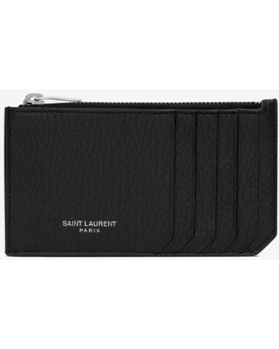 Saint Laurent Fragments Zipped Card Case In Grain De Poudre-embossed Leather - White
