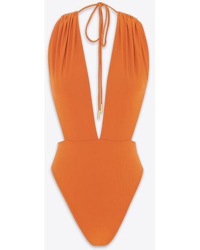 Saint Laurent Rückenfreier neckholder-badeanzug mit v-auchnitt - Orange