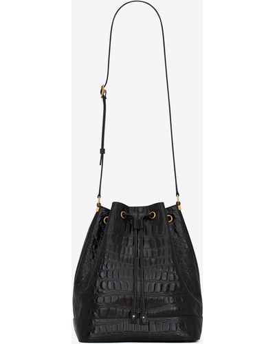 Saint Laurent Bucket Bag In Crocodile-embossed Lacquered Leather - Black