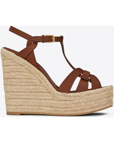 Saint Laurent Tribute Leather Espadrille Wedge Sandals - Brown