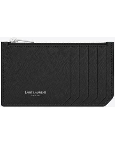 Saint Laurent Fragments Zipped Card Case In Grain De Poudre Embossed Leather - Black