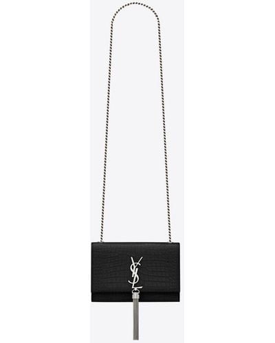 Saint Laurent Kate small chain bag aus schwarzem glanzleder mit krokodillederprägung, kette nd quaste schwarz - Weiß