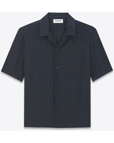 Saint Laurent Shark-collar Shirt In Matte And Shiny Striped Silk - Blue