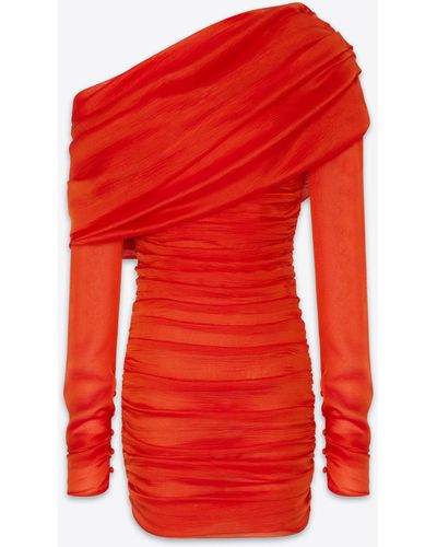 Saint Laurent Ruched One-shoulder Dress In Silk Muslin - Red