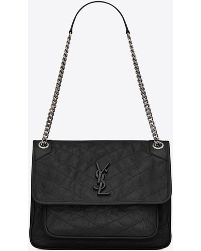 Saint Laurent Niki Medium Chain Bag In Crinkled Vintage Leather - Black