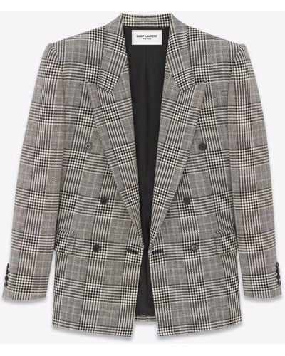 Saint Laurent Wool Oversized Prince Of Wales Check Blazer - Grey
