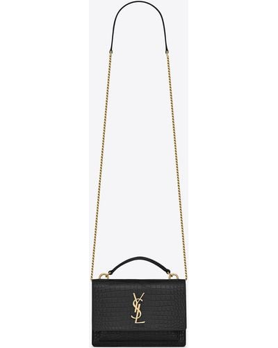 Saint Laurent Sunset Chain Wallet In Crocodile-embossed Shiny Leather - White