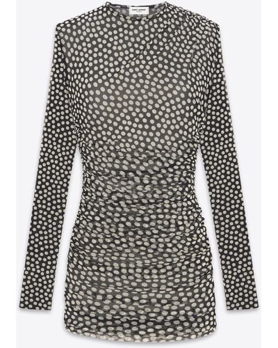 Saint Laurent Ruched Dress In Dotted Tulle - White