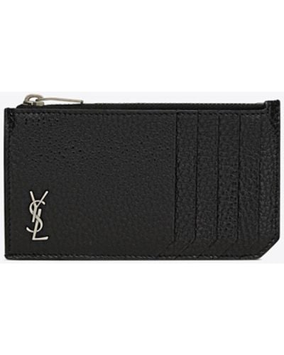 Saint Laurent Tiny Cassandre Fragments Zipped Card Case In Grained Leather - White