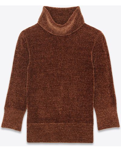 Saint Laurent Turtleneck Sweater In Velvet Knit - Brown