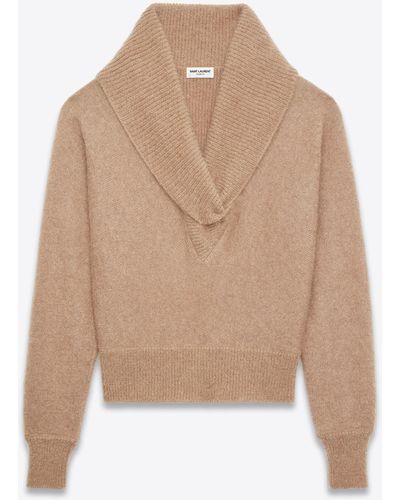 Saint Laurent Cowl-Effect V-Neck Sweater - Natural