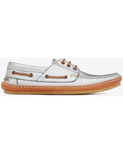 Saint Laurent Ashe Boat Shoes In Metallized Leather - White