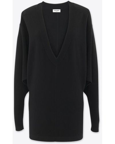 Saint Laurent V-neck Wool Dress - Black