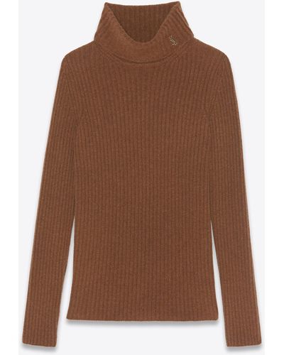 Saint Laurent Cassandre Ribbed Turtleneck Sweater In Wool And Cashmere - Brown