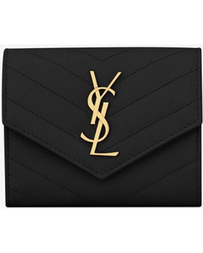 Saint Laurent Ysl Monogram Trifold Wallet In Grained Leather - Black