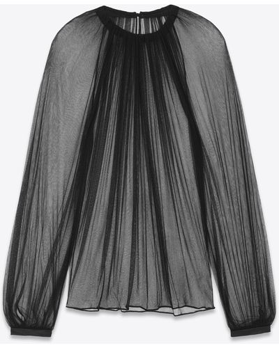 Saint Laurent Gathered Blouse In Silk Tulle - Gray