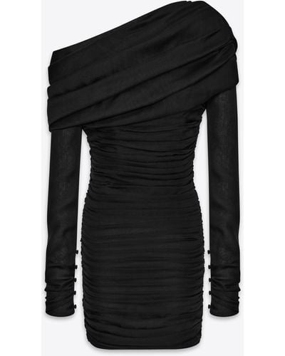 Saint Laurent Ruched One-shoulder Dress In Silk Muslin - Black