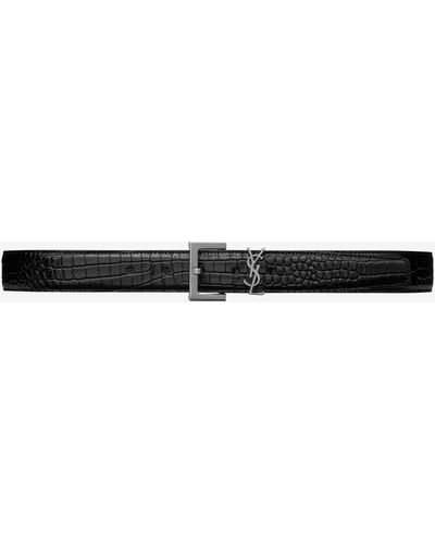 Saint Laurent Cassandre Belt With Square Buckle In Shiny Crocodile Embossed Leather - Black