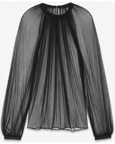 Saint Laurent Gathered Blouse In Silk Tulle - Grey