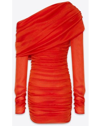 Saint Laurent Ruched One-shoulder Dress In Silk Muslin - Red