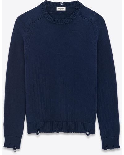 Saint Laurent Distressed-Effect Knit Cotton Sweater - Blue