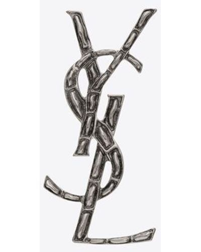 Saint Laurent Monogram-shaped Silver Opyum Brooch In Brass With Crocodile Texture. - Metallic