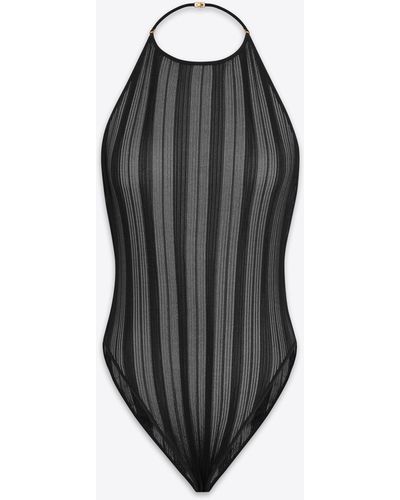 Saint Laurent Backless Bodysuit In Striped Knit - Black