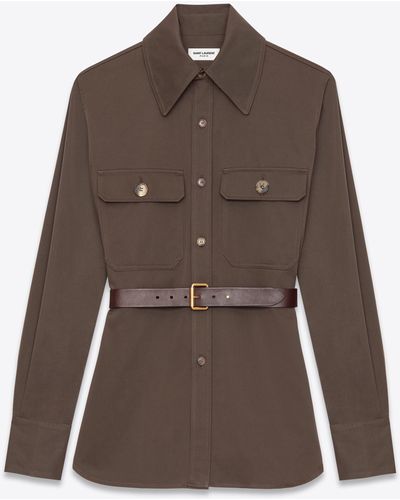 Saint Laurent Saharienne Overshirt In Cotton - Brown