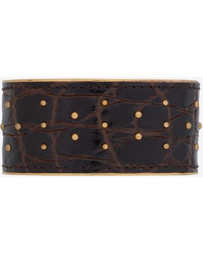 Saint Laurent Studded Cuff In Crocodile-embossed Leather And Metal - Black
