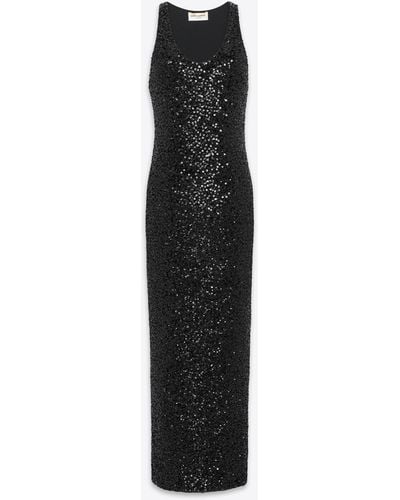 Saint Laurent Long Rhinestone Dress In Silk Tulle - Black