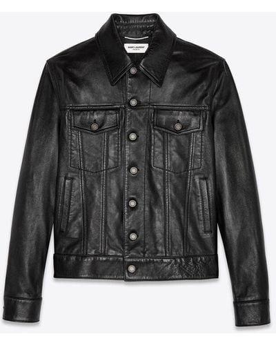 Saint Laurent Jacke im jeansjacken-style aus schwarzem glattleder mit knöpfen schwarz