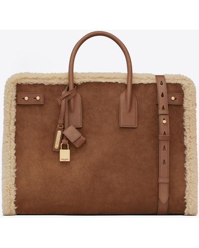 Saint Laurent Sac De Jour Thin Large In Shearling And Suede - Brown